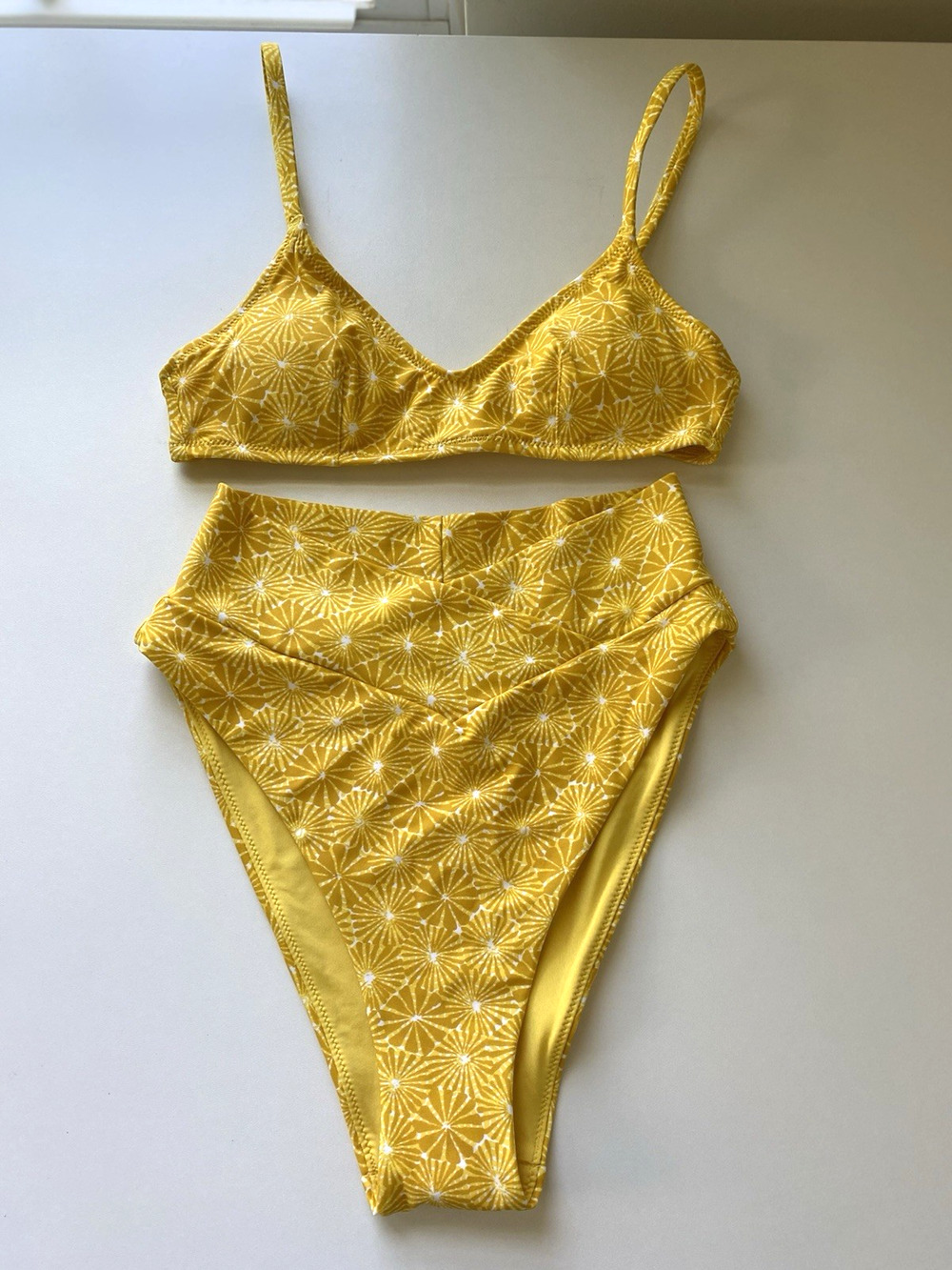 NWT Aerie Real Good Yellow Floral Geo Print 2 PC Bikini Set High Cut XS-S Beach